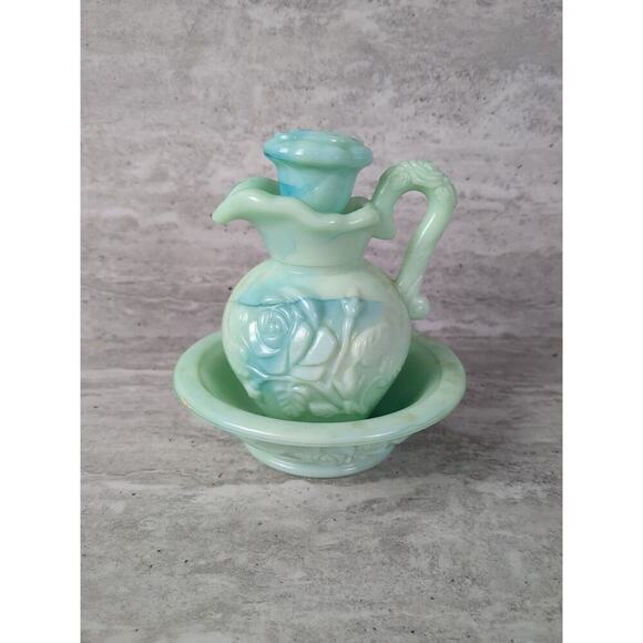 Avon Other - Vintage 1971 Avon Jade Green Milk Glass Small Pitcher W/ Lid And Bowl